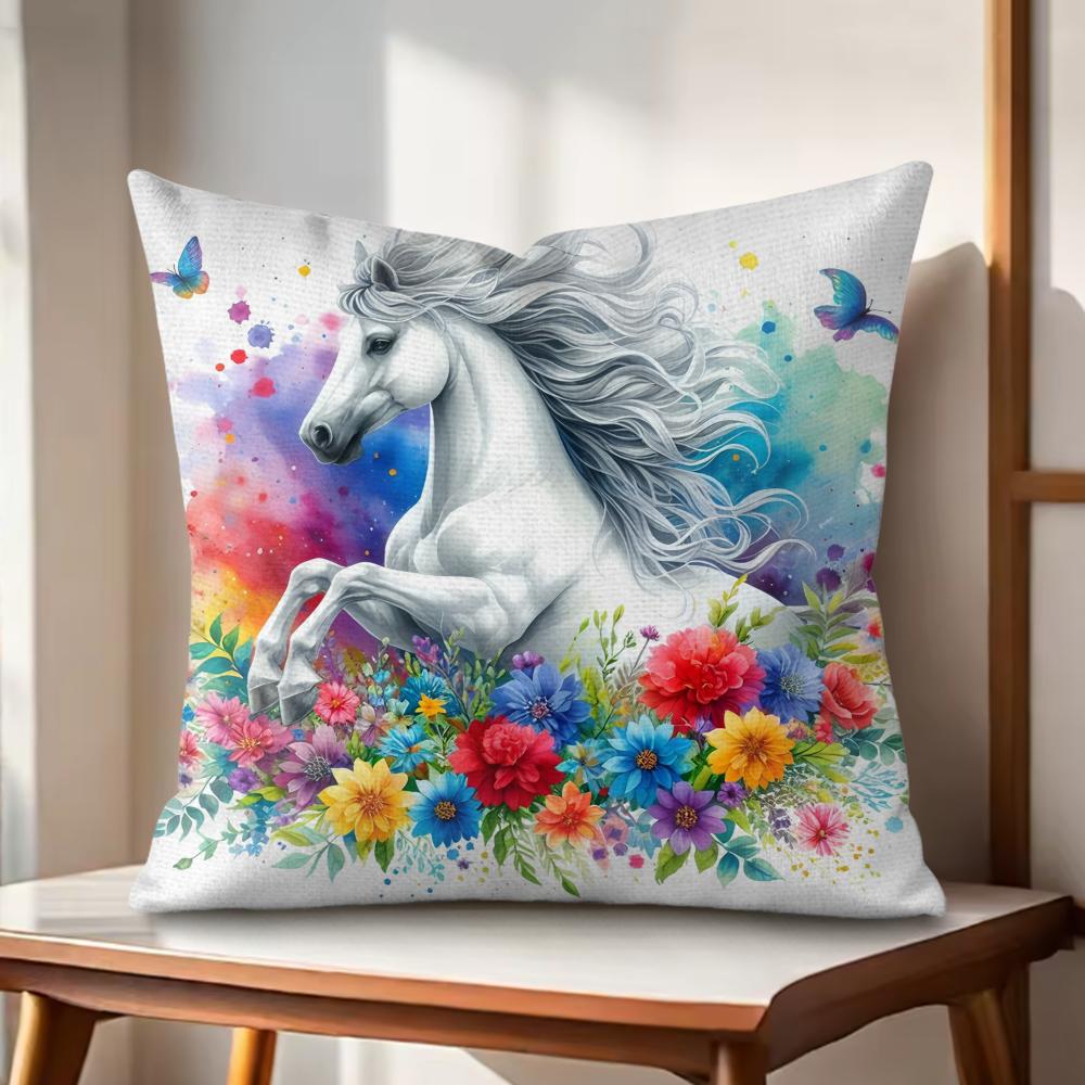 

Watercolor Horse Floral Cushion Cover Natural Linen Organic Fabric DoubleSided Printing Couch Pillow Covers Home Decor 30x30cm