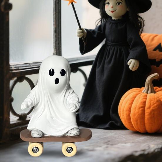 Halloween Skateboard Ghost Statue Cute Resin Ghost On A Skateboard Figurine for Tabletop Centerpiece Bookshelf Tiered Tray Decor