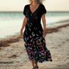 Fashion Women's Summer V-neck Short Sleeve Cotton And Linen Vintage Floral Print Beach Dress