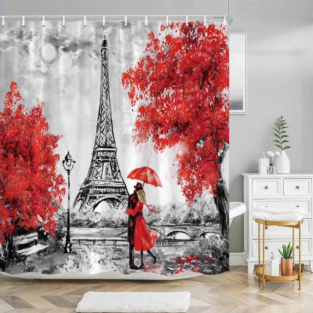 Paris Eiffel Tower Pink Shower Curtain Valentine's Day Flowers and Butterflies Polyester Washable Shower Curtains Bathroom Decor