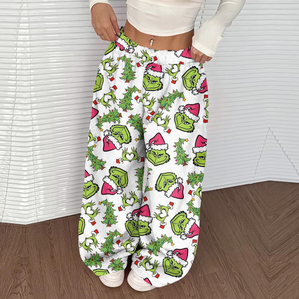 Women's Casual Christmas Print Elastic Waist Loose Fit With Plush Wide Leg Pants