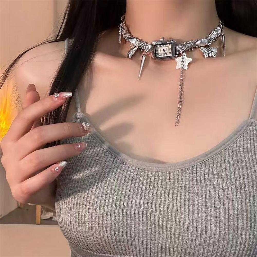 Heart Watches Pedant Choker Cross Y2K Tassel Necklace Fashion Gothic Rivet Necklace  Ladies