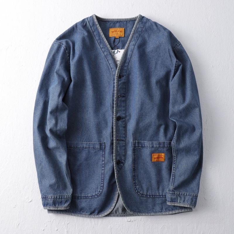 Men's Trendy Japanese Retro Washed Cotton Denim Jacket - Collarless Workwear Style