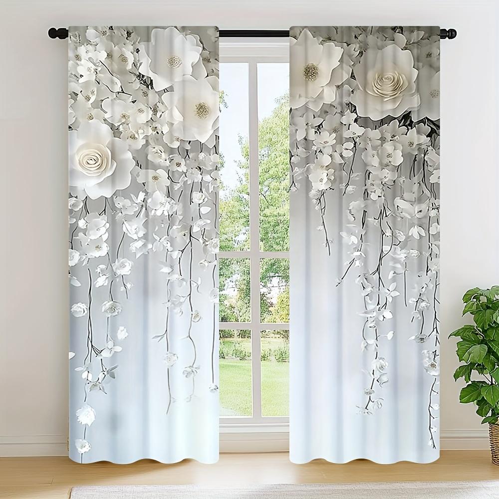 2pcs Elegant White Floral Print Curtains – Rod Pocket Design   Ideal for Living Room Bedroom Office Caf and Vacation Home Decor