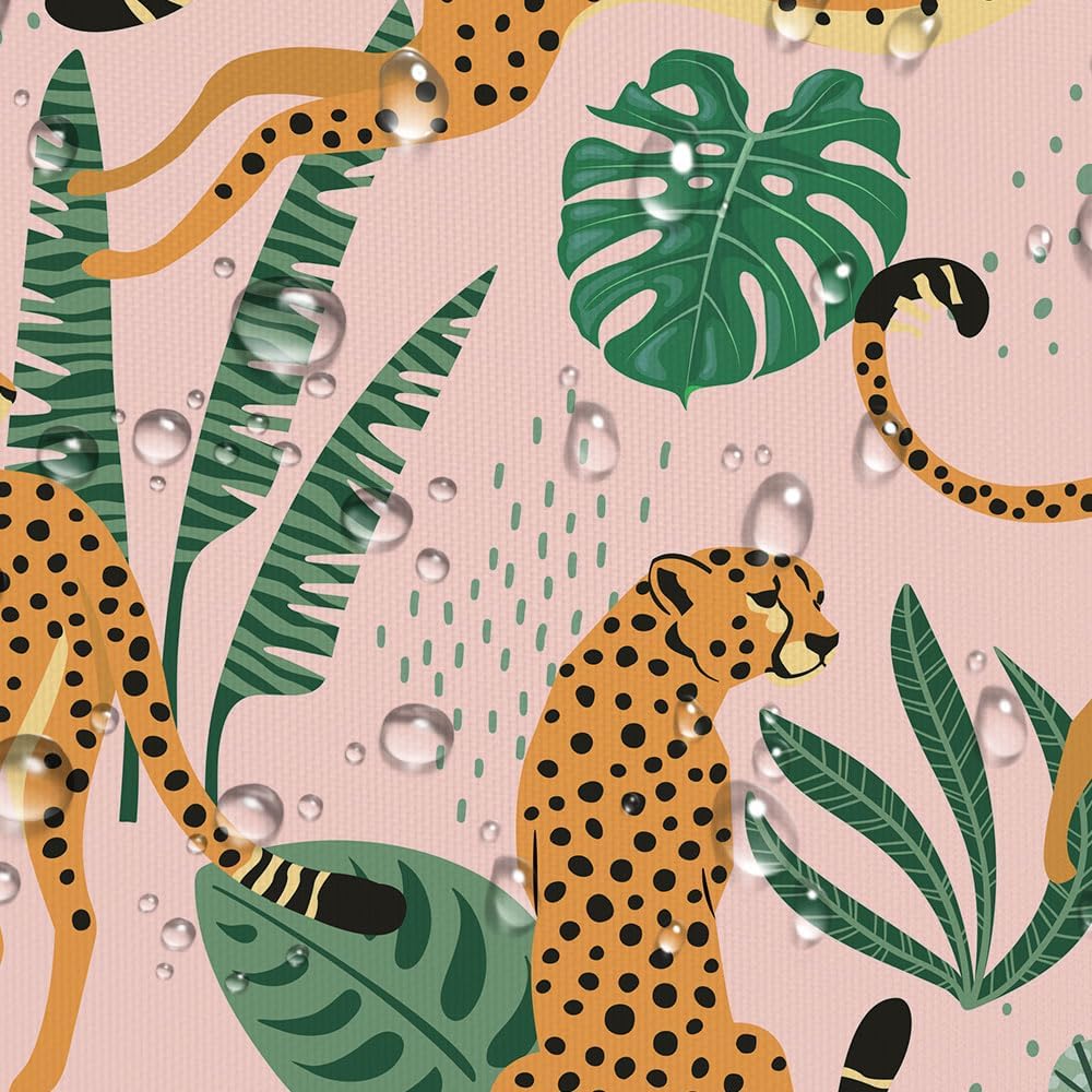 Pink Cheetah And Green Leaves Pattern Waterproof Shower Curtain 180X200Cm - Jungle Animal Print Bath Curtain For Kids Room Decor