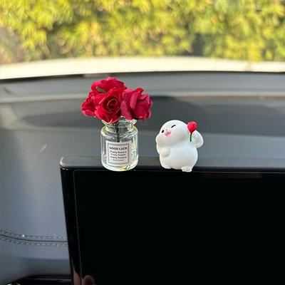 3/4/6/7Pcs Cute Rose Rabbit Ornament Car Interior Decoration Funny Auto Center Console Rearview Mirror Ornaments Car Accessories