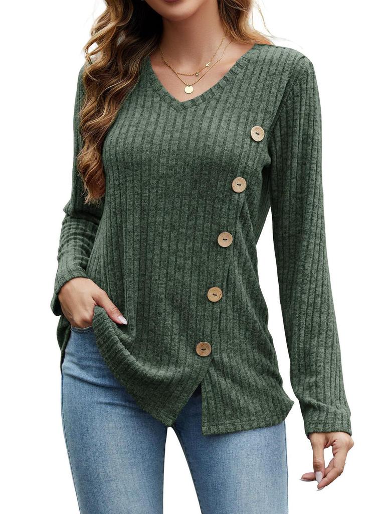2023 Women's Autumn & Winter V-Neck Button Split Loose Long-Sleeve T-Shirt Top