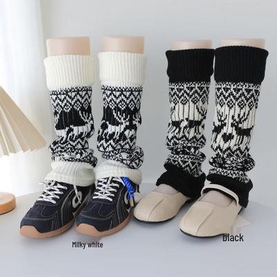 Fair Isle Vintage Knit Reindeer Leg Warmers - Grey, Cream, & White Women's Calf Socks