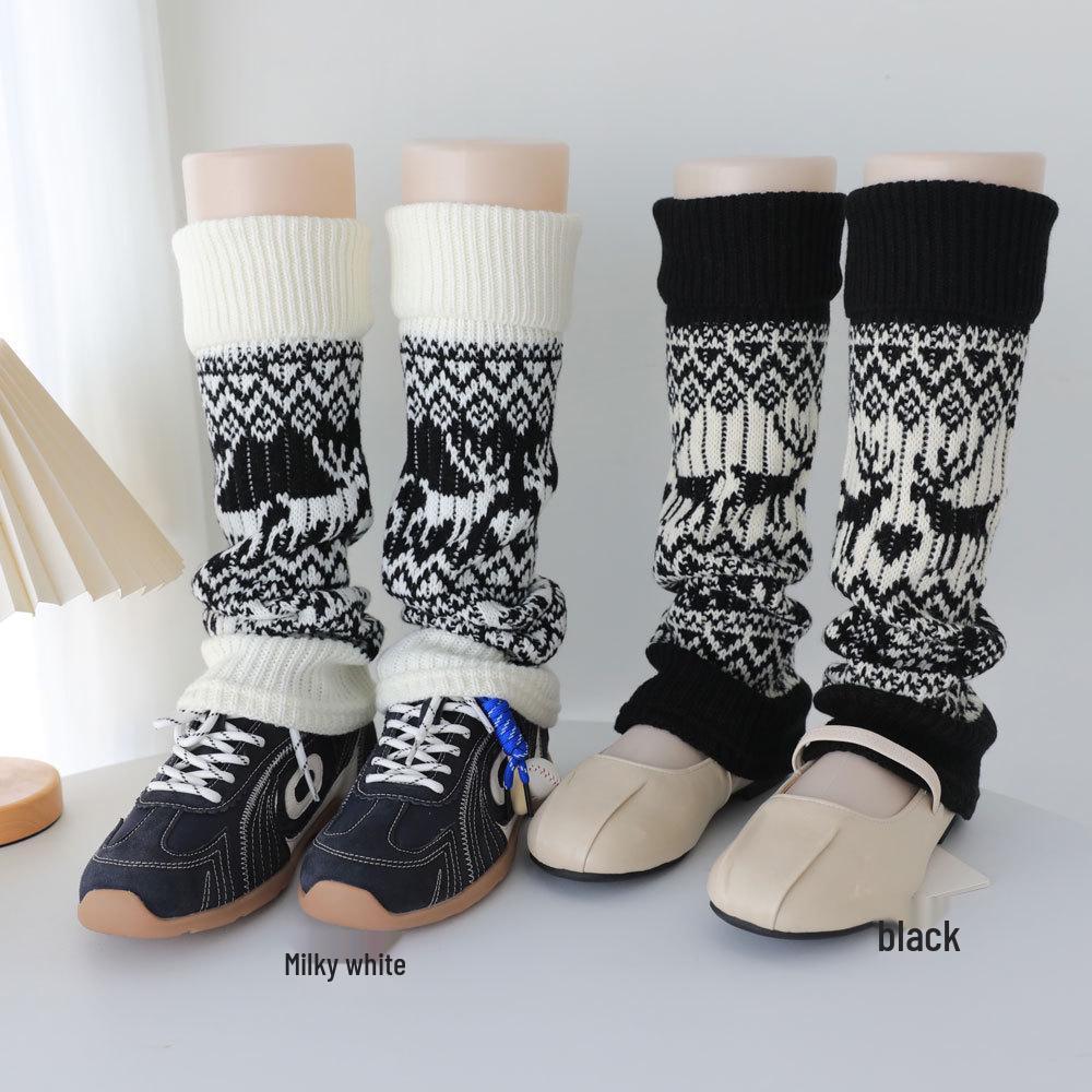 

Винтажные вязаные гетры Fair Isle с оленями - Серые, кремовые и белые женские носки до икры Cream White