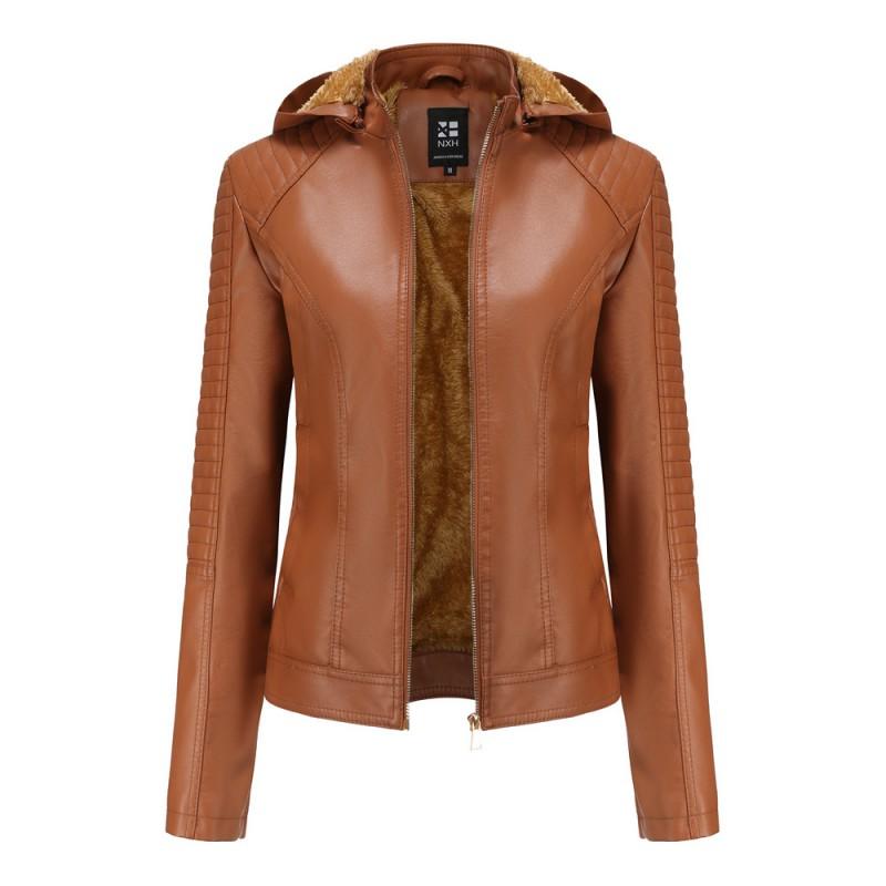 Womens Plus Size Faux Leather Hooded Jacket Warm Casual Short Coat Fall Winter