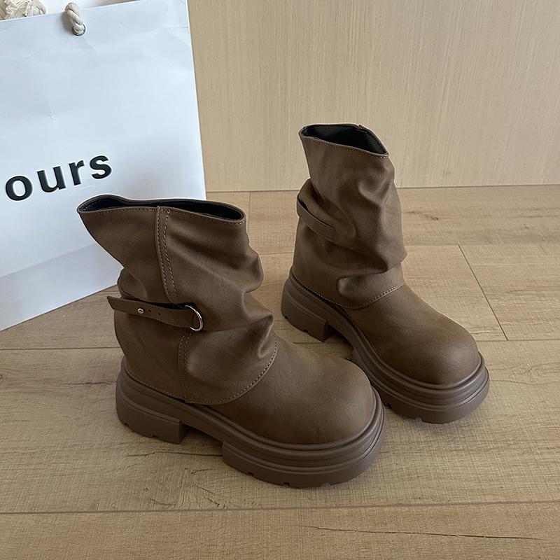 Fashion Thick Bottom Women Pipe Short Boots Punk Style Belt Buckle Slip On Shoes Autumn Winter Women's Motorcycle Booties