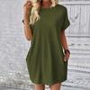 Summer Women Mini Dress Casual Loose Dolman Sleeve Round Neck Short Sleeves Side Pockets Above Knee Length Solid Color Soft Breathable Lady Dress