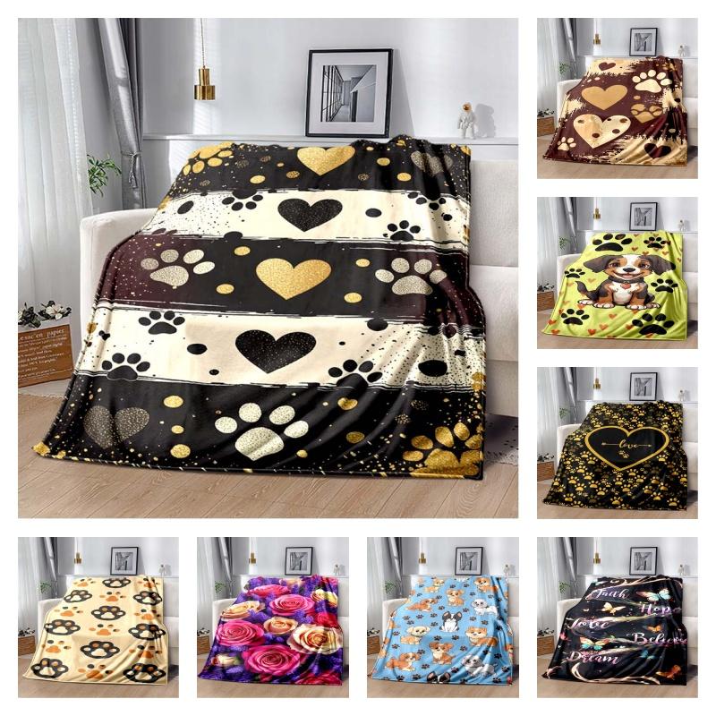 Black White Gold Paw Print & Heart Flannel Blanket, Soft Cozy Warm Throw for Bed Sofa Couch, Lightweight All Season Plush Cover