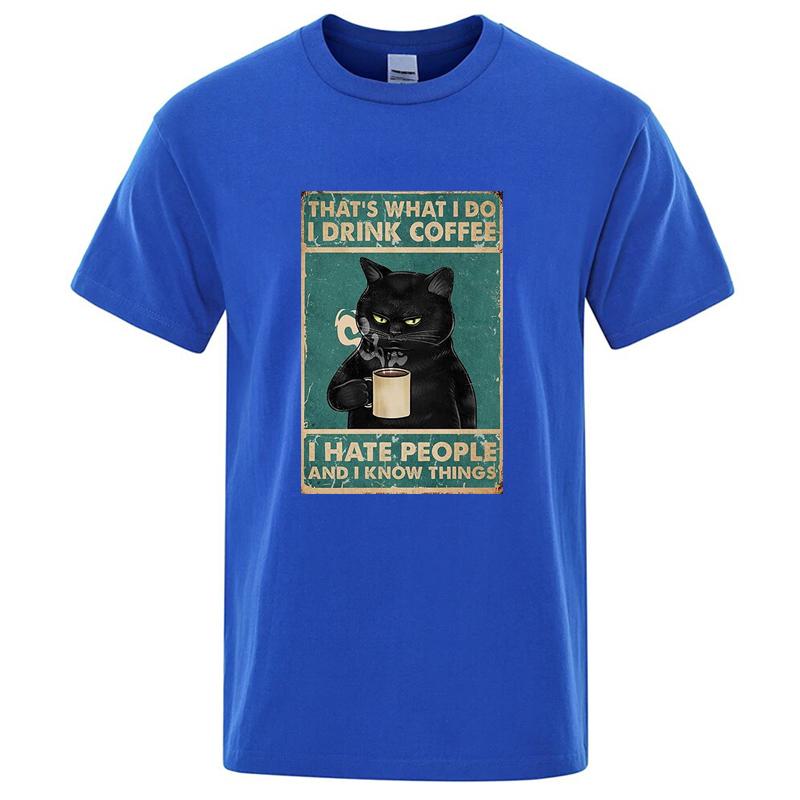 

Men s T-shirt Cotton Funny Cat Drinking Coffee Printing Summer Casual Cool Loose Men O-neck T-shirt Male Tops XXXL синій