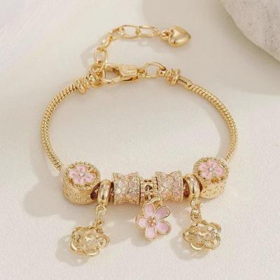 Panjia DIY Beaded Dora Bracelet with Rhinestone Flower Pendant On Copper Chain