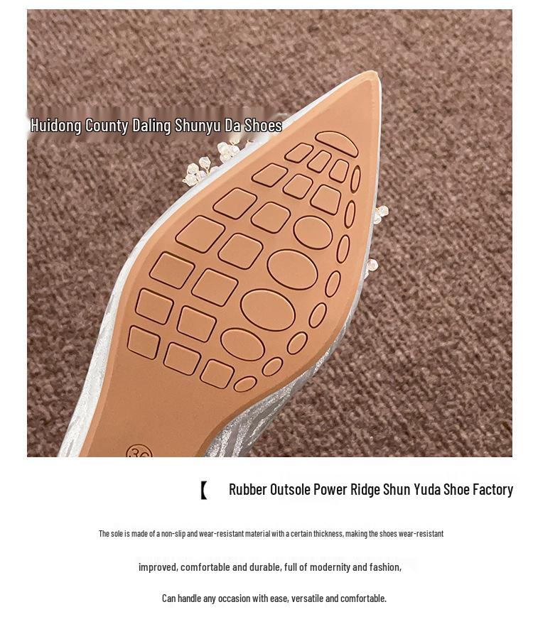 Franska Silver Pärla Strass Bröllopsballerinaskor Högklackade Skor Dold Klack Skor för Kvinnor