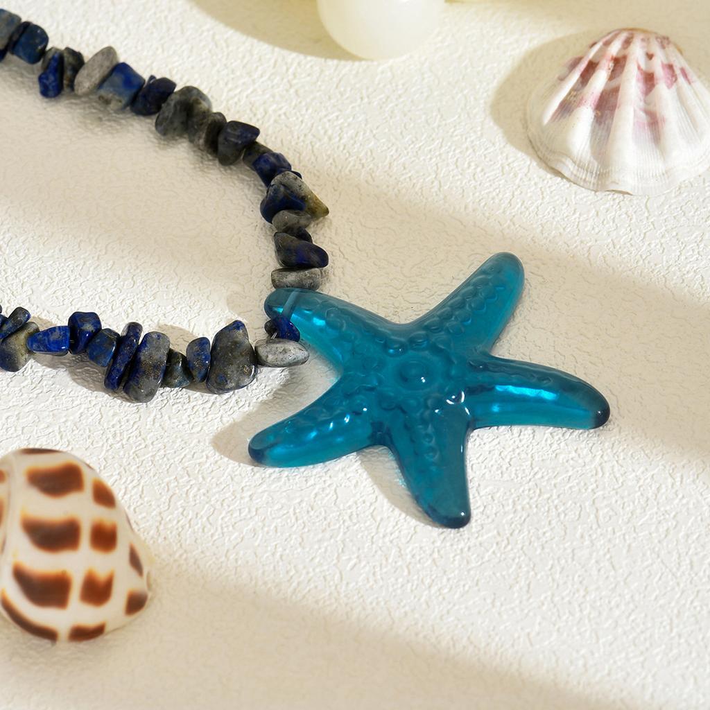 Bohemia Blue Starfish Pendant Necklace for Women Vintage Irregular Gravel Resin Jewelry Accessories