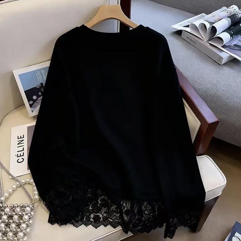 Weißes Spitzen-Patchwork-Langarm-T-Shirt für Damen, Stilvolle Plus-Size Herbst-/Winter-Unterwäsche