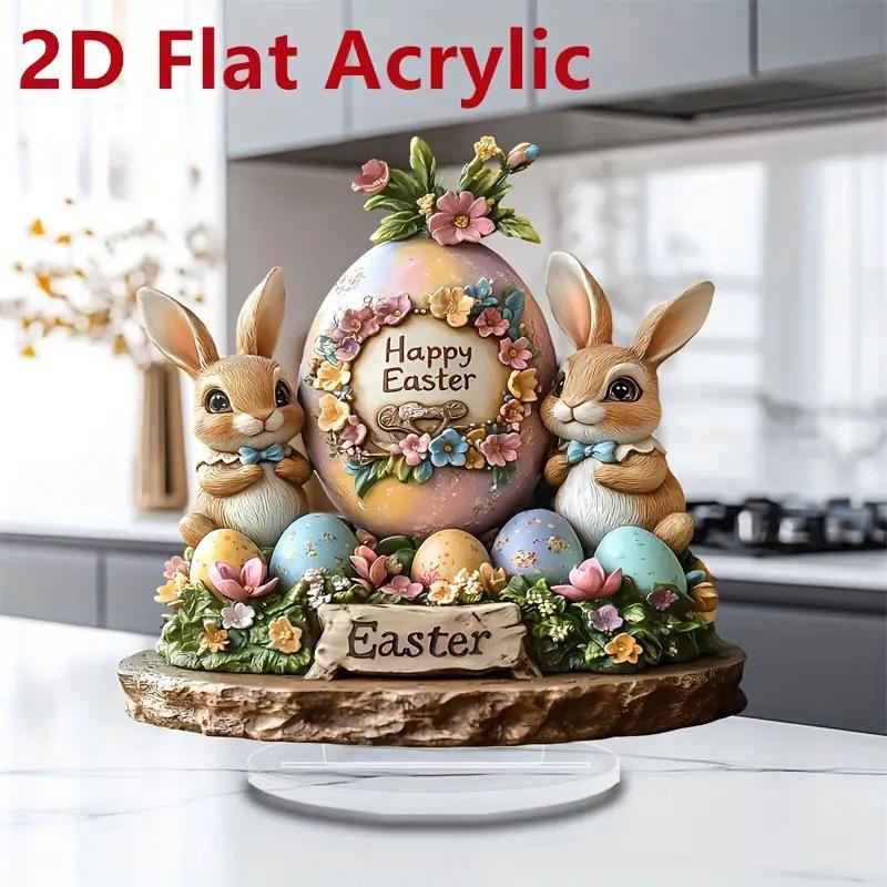 Easter Bunny Ornament Flat Acrylic Ornament Rabbit House Single Desktop Home Office Garden Ornament Yard Decoration Gift