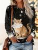 Christmas-themed women's snowflake and kitten print round neck long-sleeved T-shirt, festive black and white casual loose top