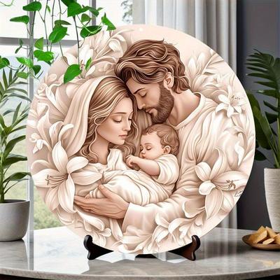 Tablou rotund din lemn „Sfânta Familie”, perfect pentru decorul camerei de zi, baie, dormitor, garaj, bar, cafenea, idee de cadou unic