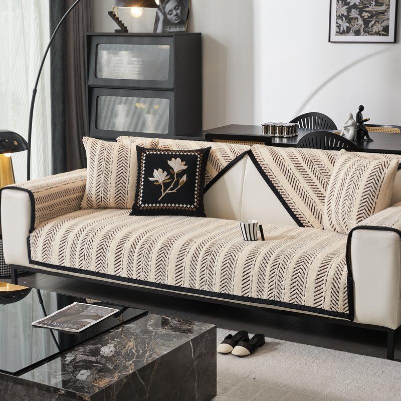 

Fish Bone Striped Medium And Ancient Style Shu Cotton Velvet Sofa Seat Cushion Universal Princess Sofa Backrest Cover Cloth Cover Non-Slip 70*70cm