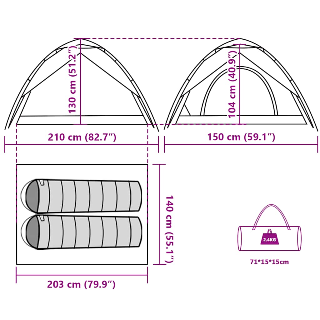 Dome Camping Tent for 2 Persons Green Quick Release