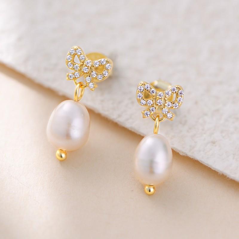 Elegant Crystal-Embellished Bow Stud Earrings With Natural Pearl Women Sterling 2025 Fashion Jewelry 925 Sterling Silver