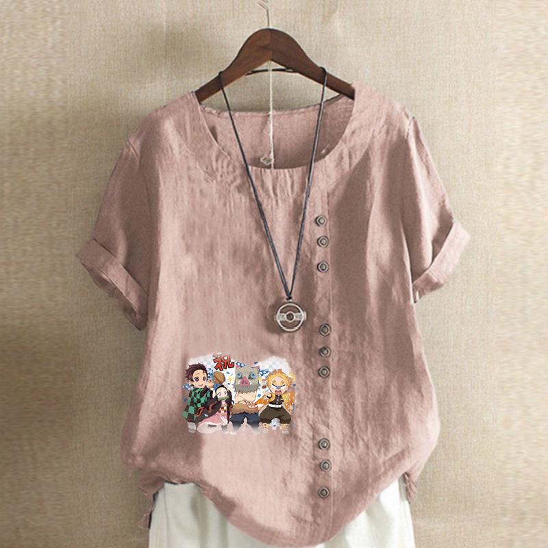 Women's Fashion Round Neck Short Sleeve T-shirt Casual Cotton Linen Graphic Shirt Leisure Loose Cartoon Characters Prined Summer Blouse Tops