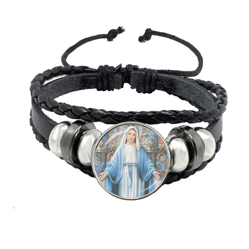 Virgin Mary Baby Jesus Christian Catholicism Jewelry Black Button Leather Bracelet Blessed Mother Religious Glass Cabochon Gift