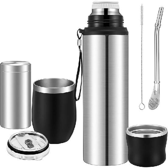 Suclain 3 Pcs Complete Yerba Mate Kit Yerba Mate Cup and Bombilla Set, 12 oz Gourd, 34 oz Stainless Steel Thermal Water Bottle, Bombilla and Straw