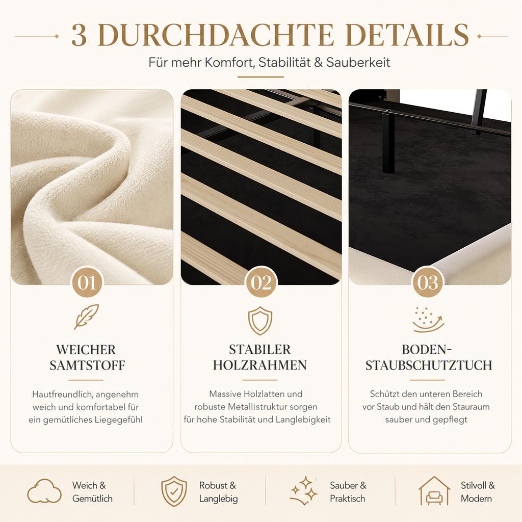Letto imbottito con contenitore 180 × 200 cm, Letto in velluto con testiera multifunzionale, Illuminazione a LED, 2 Porte USB e Type-C, Idraulico, Beige