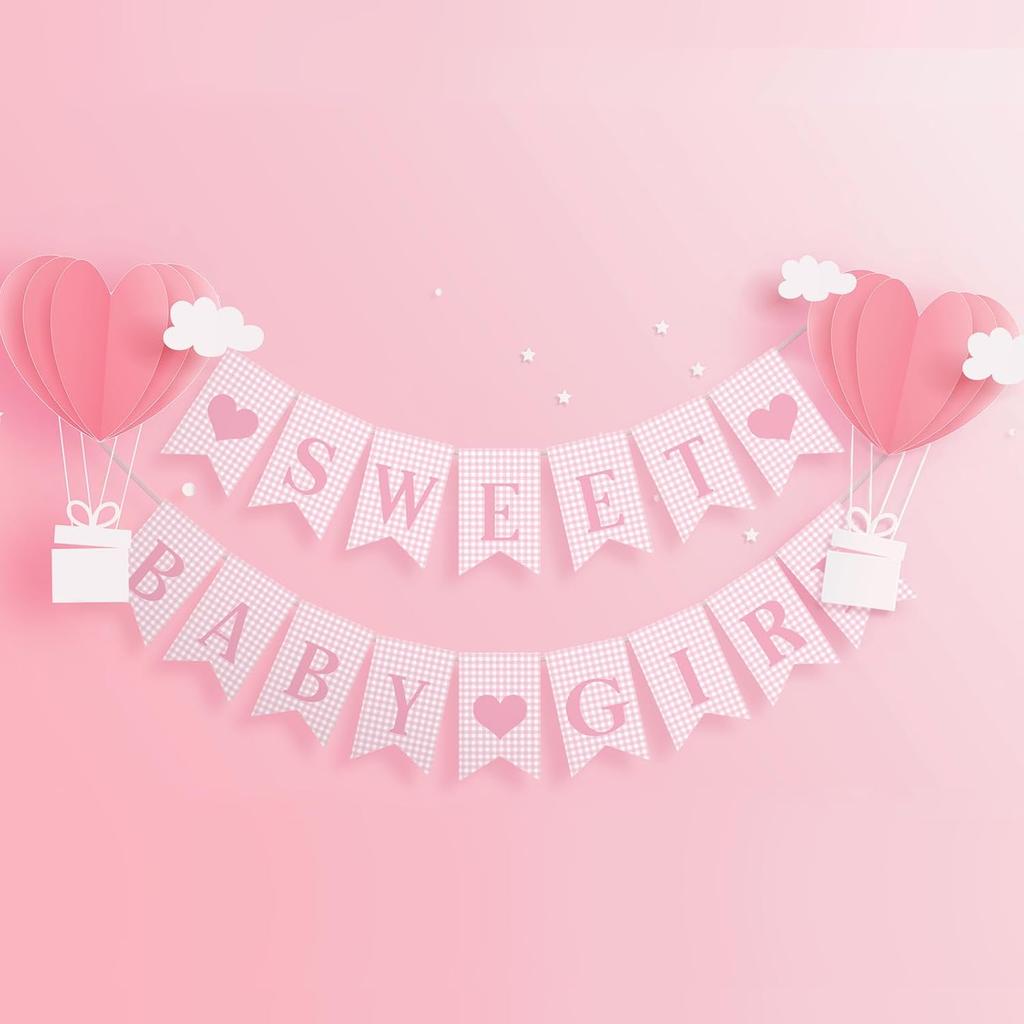 2 Pcs Pre Strung Pink Gingham Sweet Baby Girl Banner Pink Girl Baby Shower Banner Decorations for Gender Reveal Party Decor Supplies Table Wall