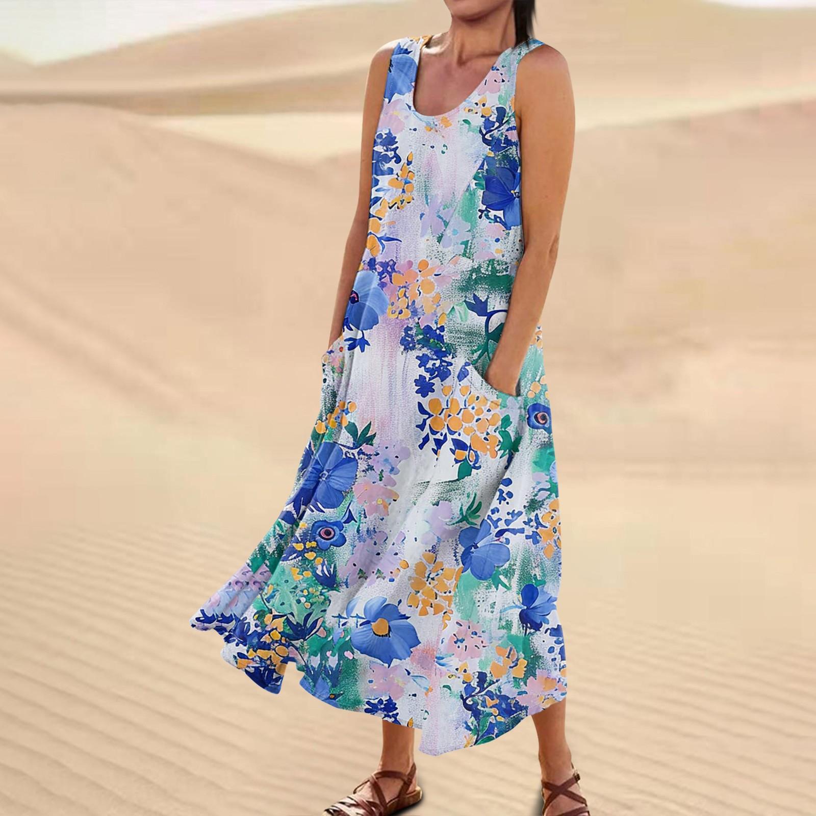 

Жіноча повсякденна зручна бавовняна сукня з кишенями без рукавів із квітковим принтом XL