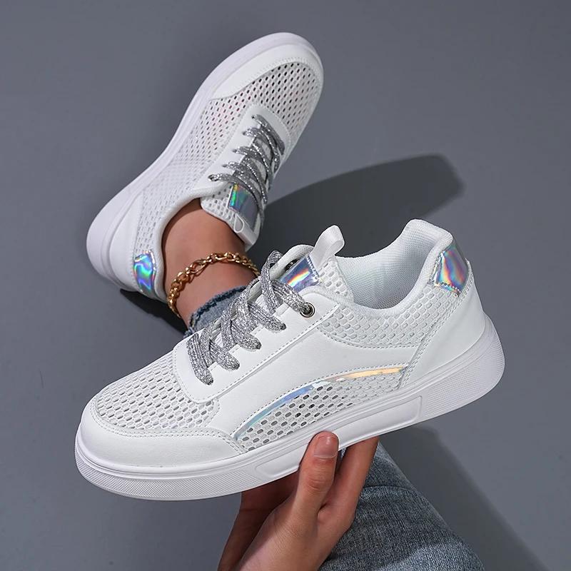 Neue Damen Frühling Sommer Flache Schuhe Sneaker Netz Atmungsaktiv Schnürung Tennis Lässig Leicht Hohl Feminino Weiß Komfortschuhe