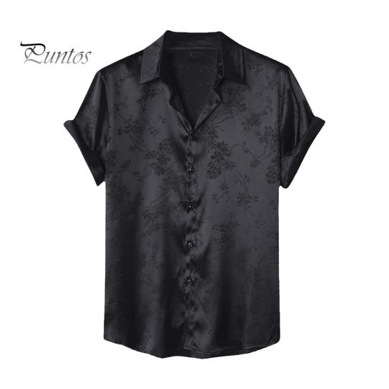 

Летняя мужская рубашка с отложным воротником, однобортная, с коротким рукавом, свободная, однотонная, атласная, на пуговицах с аппликацией, повседневная одежда, топ средней длины M чёрный
