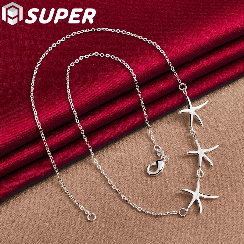 925 Sterling Silver Smooth Three Seastar Chain Necklace Jewelry
