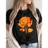 Black Short Sleeve T-Shirt with Fiery Orange & Golden Rose Print - Soft Stretch Cotton, Round Neck Casual