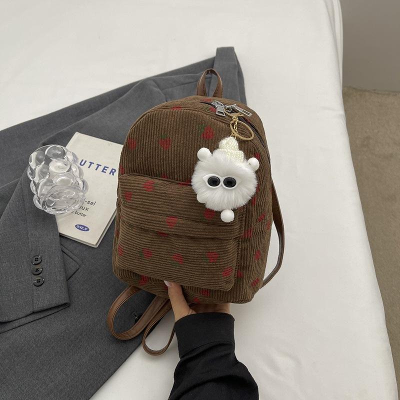 Schoolbag retro corduroy backpack women's 1011 new Korean version simple casual large capacity strawberry print commuter backpack
