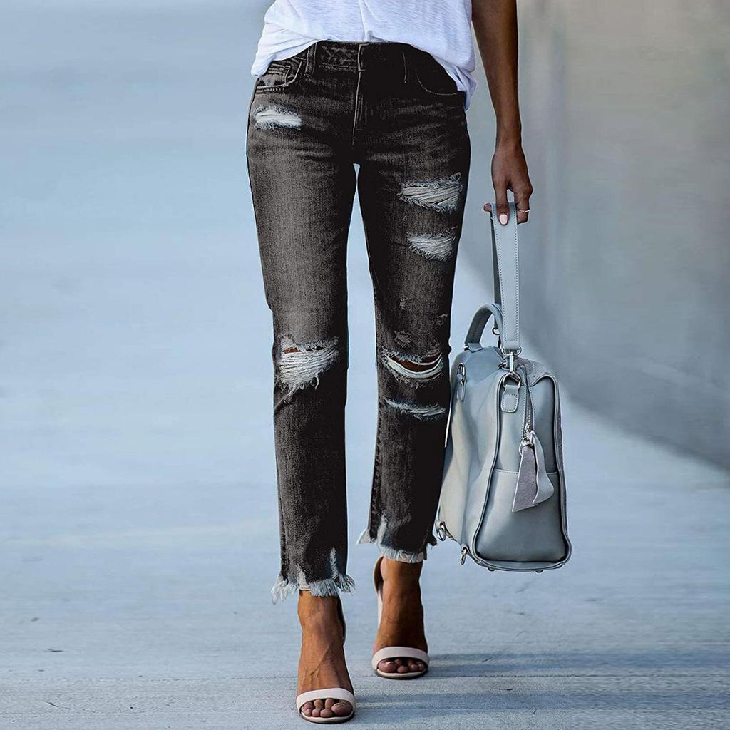 Trendy Women's Vintage Black Distressed Jeans, Frayed Rips & Raw Hem Casual Pants, Streetwear Jeans for Daily & Casual Outings