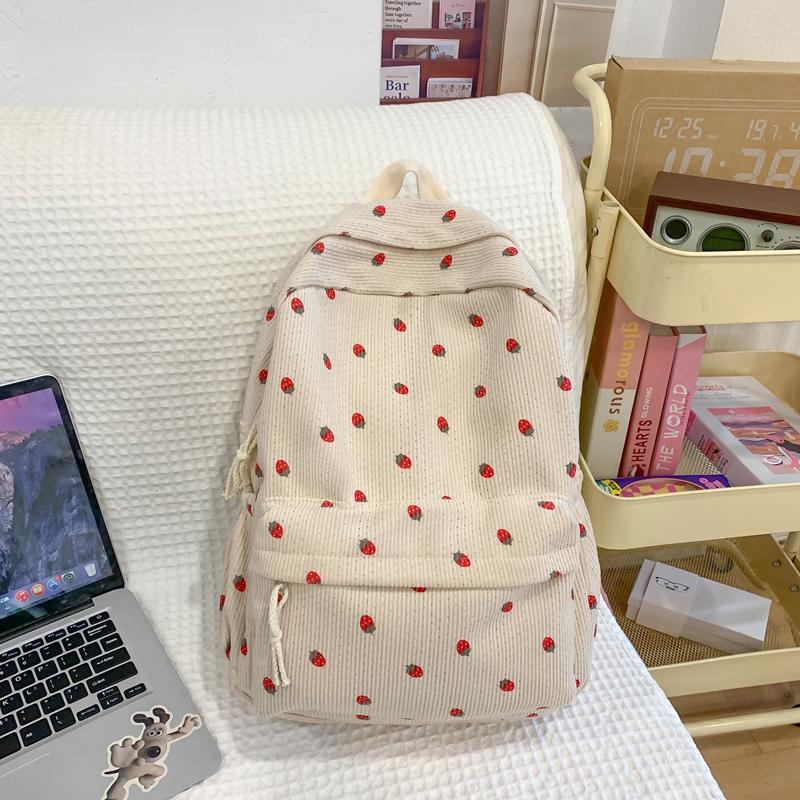 Cord-Rucksack mit Erdbeer-Print im College-Stil für Schüler, Schultasche mit großem Fassungsvermögen