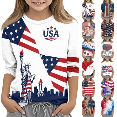 Camiseta Casual Infantil com Estampa do Dia da Independência, Gola Redonda e Manga de Sete Quartos