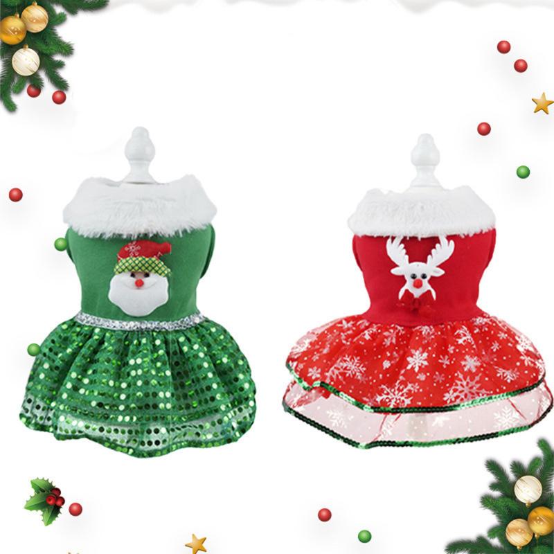 Pet Christmas Dress Elk Santa Print Warm Sequins Skirt Xmas Pet Customes For Small Medium Large Dog