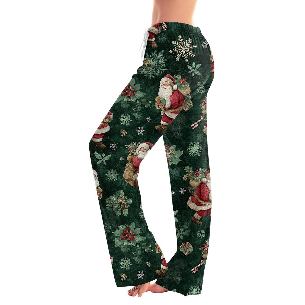 Ladies' Loose And Casual Christmas Printed Wide Leg Pants With Elastic Waistband Drawstring And Pocket Pants