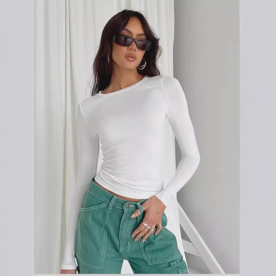 Evropské a americké dámské přiléhavé jednobarevné ležérní tričko s dlouhým rukávem, pulovr, streetwear, základní vrstva