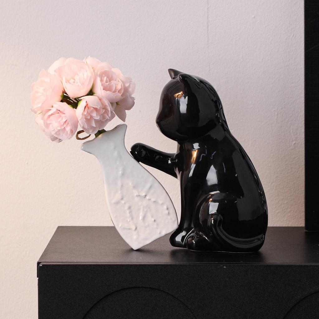 Creative Black Ceramic Cat Vase Countertop Decoration Fresh Flower Hydroponic Vase Abstract Cat Dining Table Living Room Decor