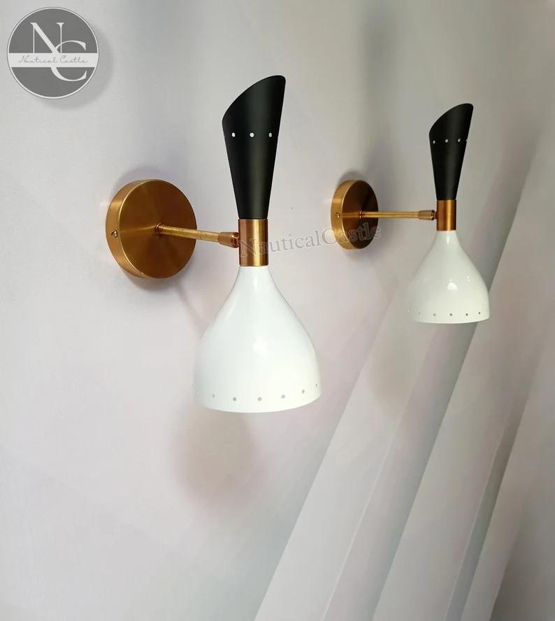 Brass Diabolo Wall Sconce Pair: Mid-Century Italian Light Fixture