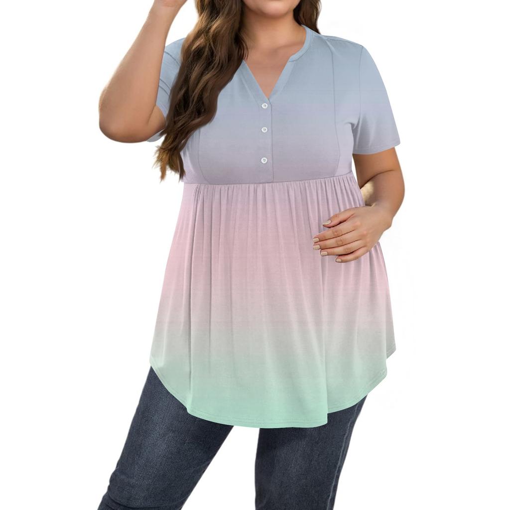 Damen Print Übergröße V-Ausschnitt Knopfleiste Lässiges Kurzarm Fließendes Top