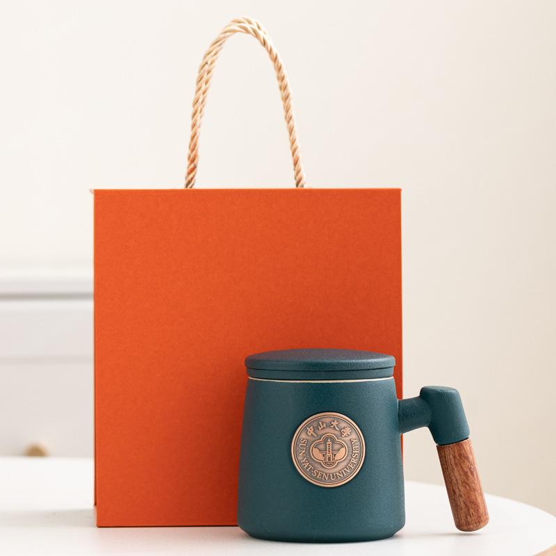 Famous School Ceramic Cup Filter Cup, Metal Bronze Plate Relief Cup, Water Cup With Lid Gift Box