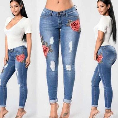 European & American Summer Embroidered Ripped Skinny Stretch Jeans